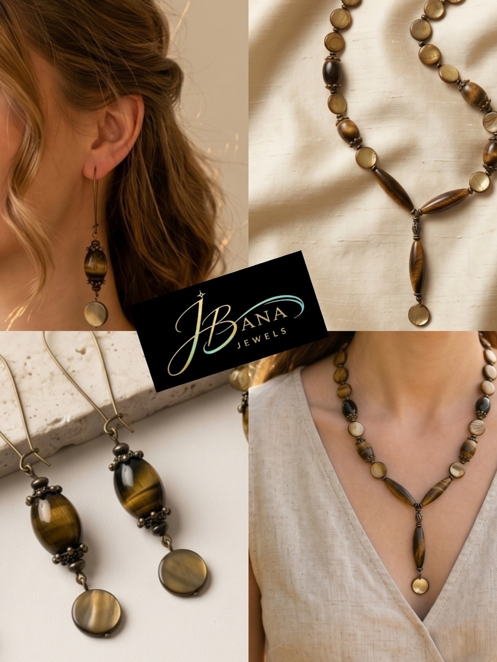 Tiger Eye Bead Necklace & Earrings - Brown